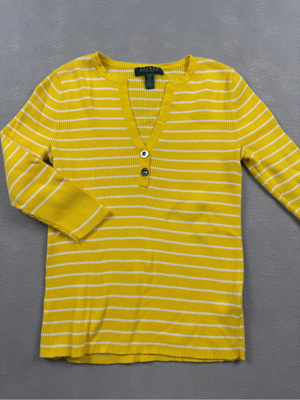 Lauren Ralph Lauren striped ribbed V-neck henley Sweater Yellow White Petite Sm